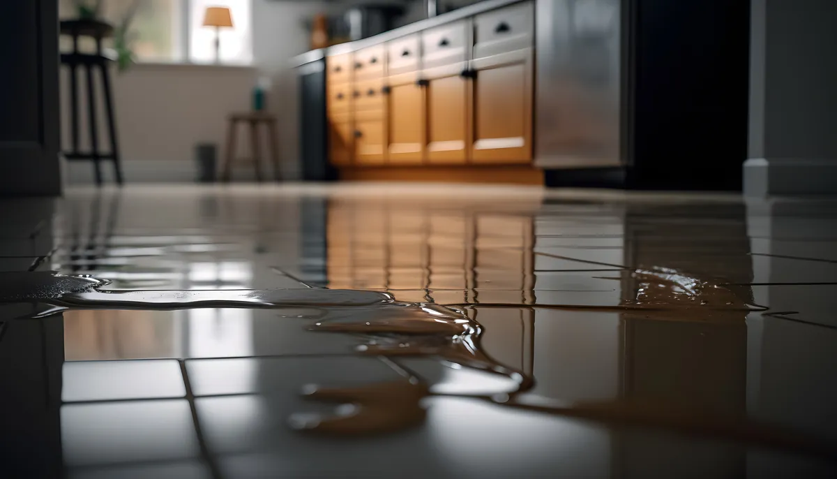 Water spreading across a tile floor from a hidden leak, from our San Clemente guide: San Clemente Slab Leak Repair Costs